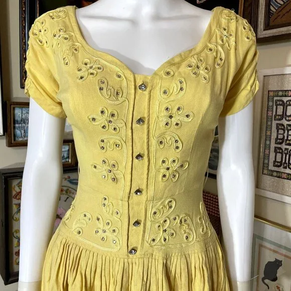 60s Vintage Yellow Fit and Flare Midi Dress with Soutache Braid and Rhinestones - Picture 4 of 6